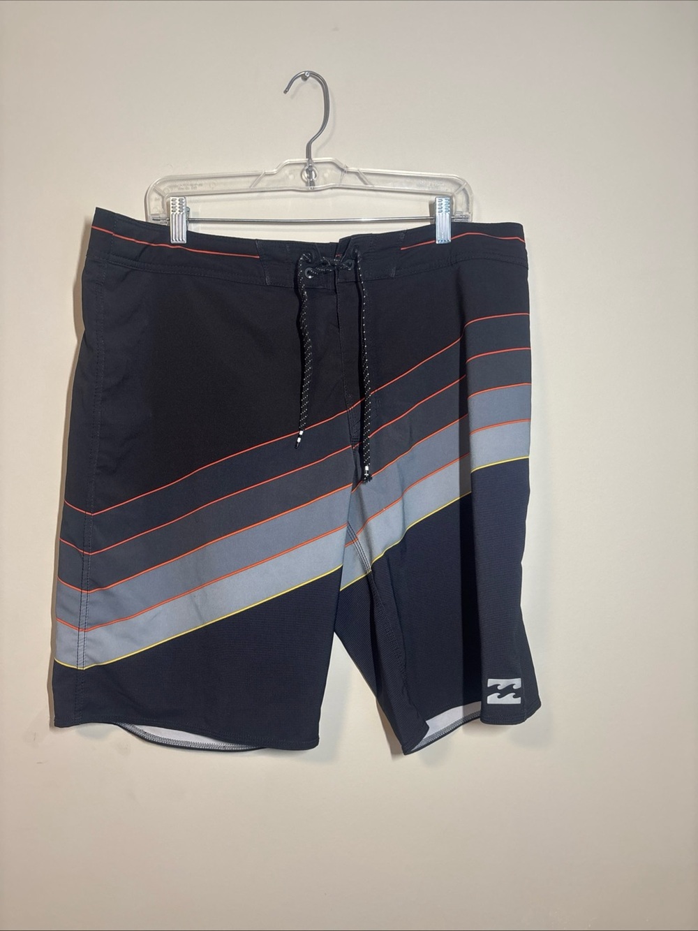 Billabong Black Boardshorts with Gray, Yellow & Orange Stripes size 36